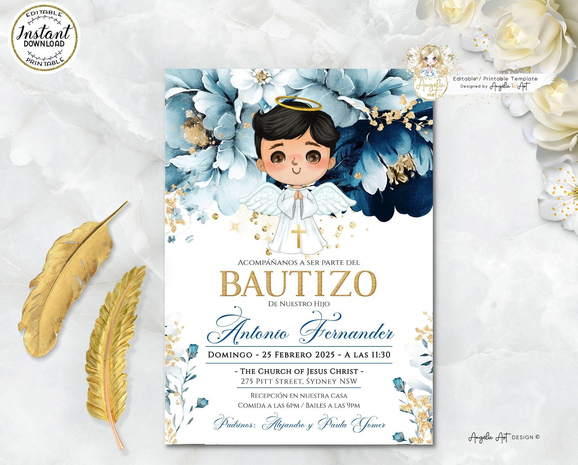 Invitaciones bautizo nião invitaciãn de bautizo imprimible angelic blue gold baptism invitation boy spanish editable bautizo liam