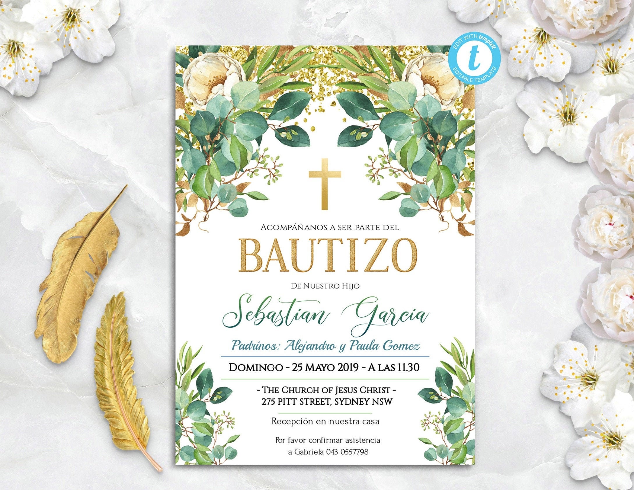 Invitaciones bautizo nião invitacion de bautizo imprimible verde dorado baptism invitation boy spanish editable