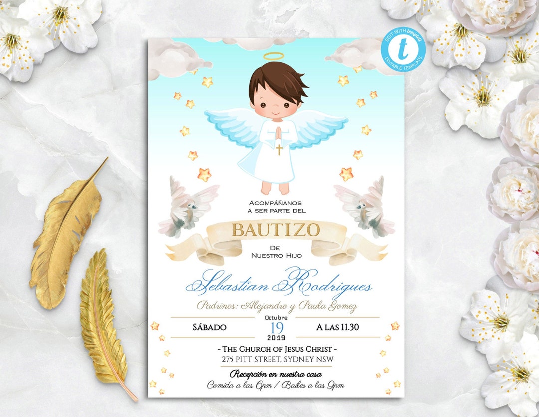Invitaciones bautizo nião invitacion de bautizo imprimible angelic baptism invitation boy spanish editable
