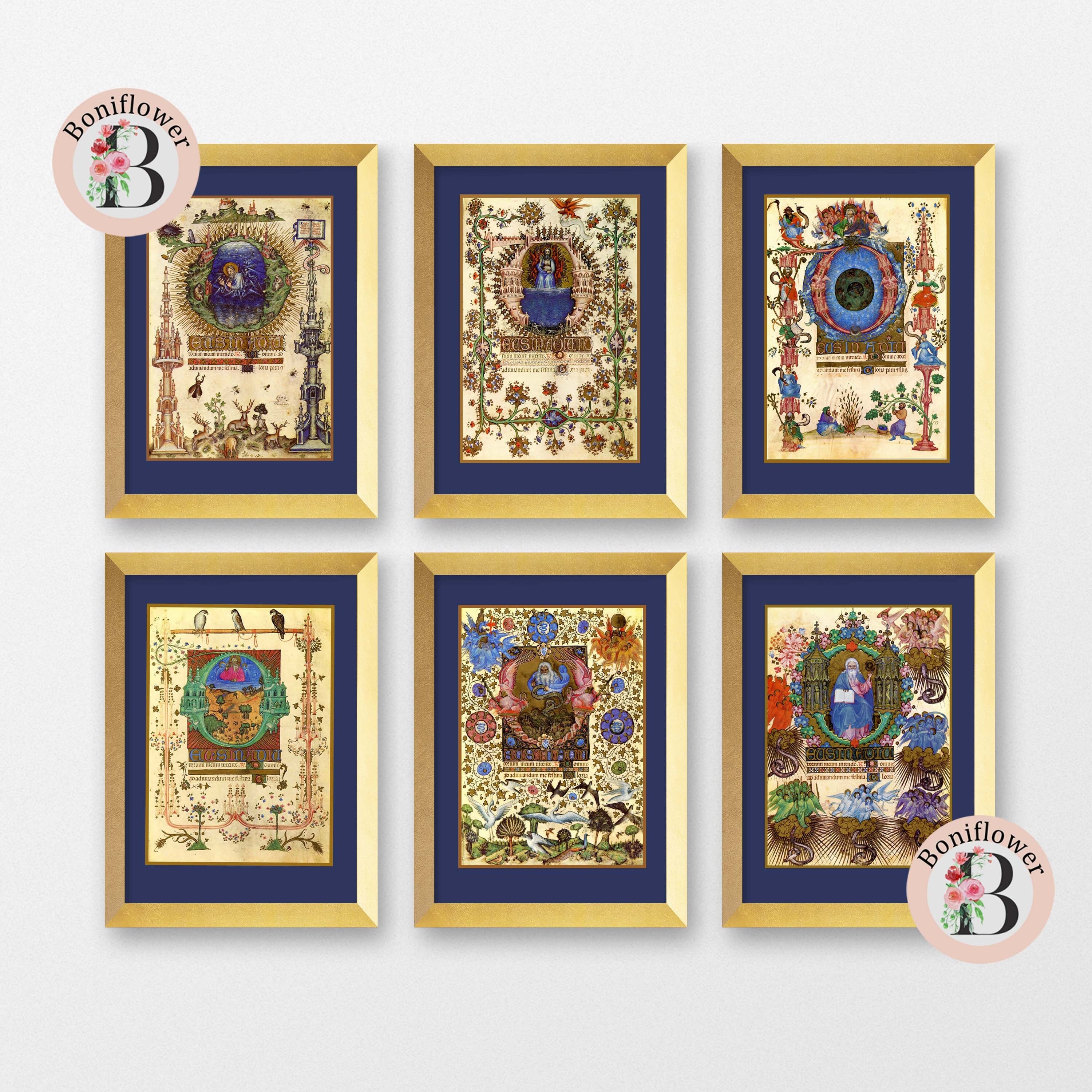 Six creation medieval illuminated manuscript reproductions set creation of universe waters earth sun moon stars plants birds god resting