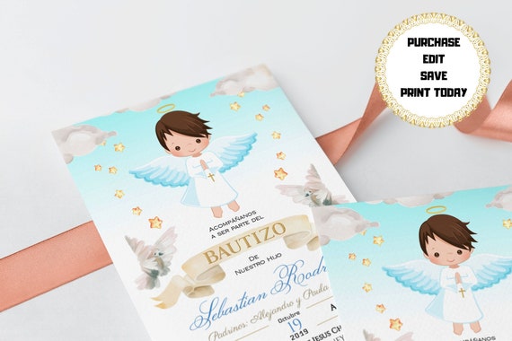 Invitaciones bautizo nião invitacion de bautizo imprimible angelic baptism invitation boy spanish editable