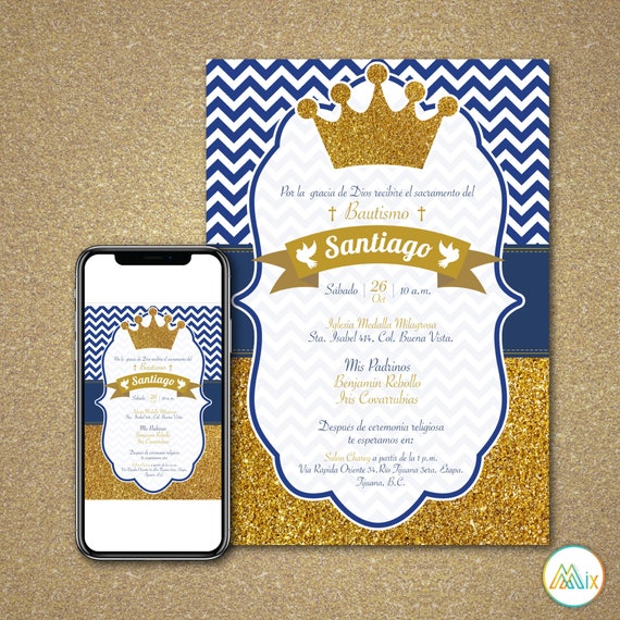 Invitaciãn bautizo nião corona dorada y azul rey personalizable archivo digital