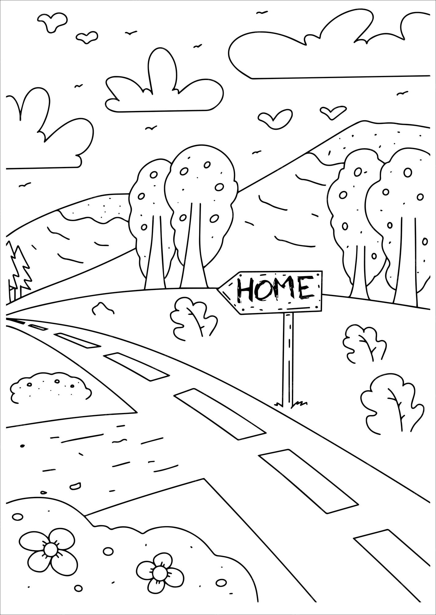 Premium vector children coloring book page mountain road nature