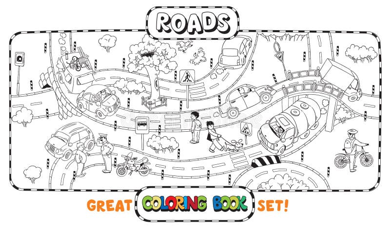 Big road coloring book stock vector illustration of cyclist