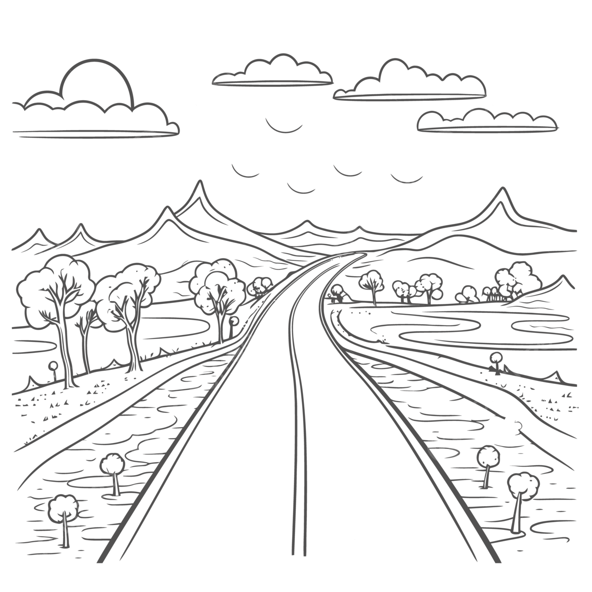 An adult coloring page showing a countryside coloring page with country road and mountains outline sketch drawing vector mountain drawing road drawing wing drawing png and vector with transparent background for free