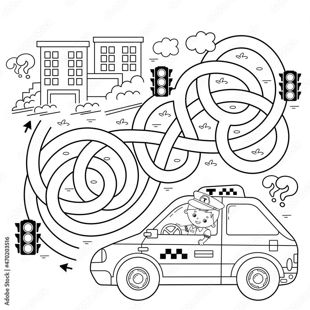 Maze or labyrinth game puzzle tangled road coloring page outline of cartoon taxi driver with car profession