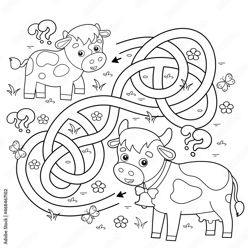 Maze or labyrinth game puzzle tangled road coloring page outline of cartoon cow with little calf farm animals with their cubs coloring book for kids vector