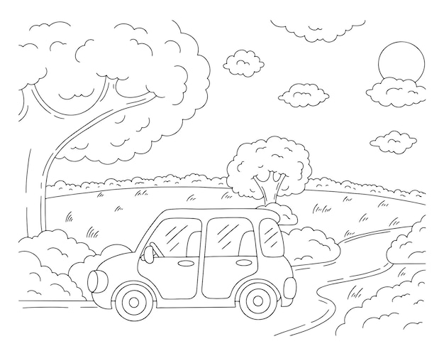 Premium vector wonderful natural landscape coloring book page for kids the car is driving along the road along the forest