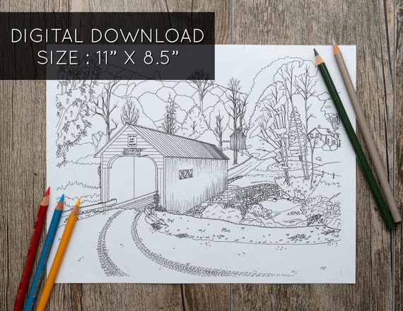 Vermont covered bridge and barns printable adult coloring page adult coloring pages covered bridge coloring page country road coloring