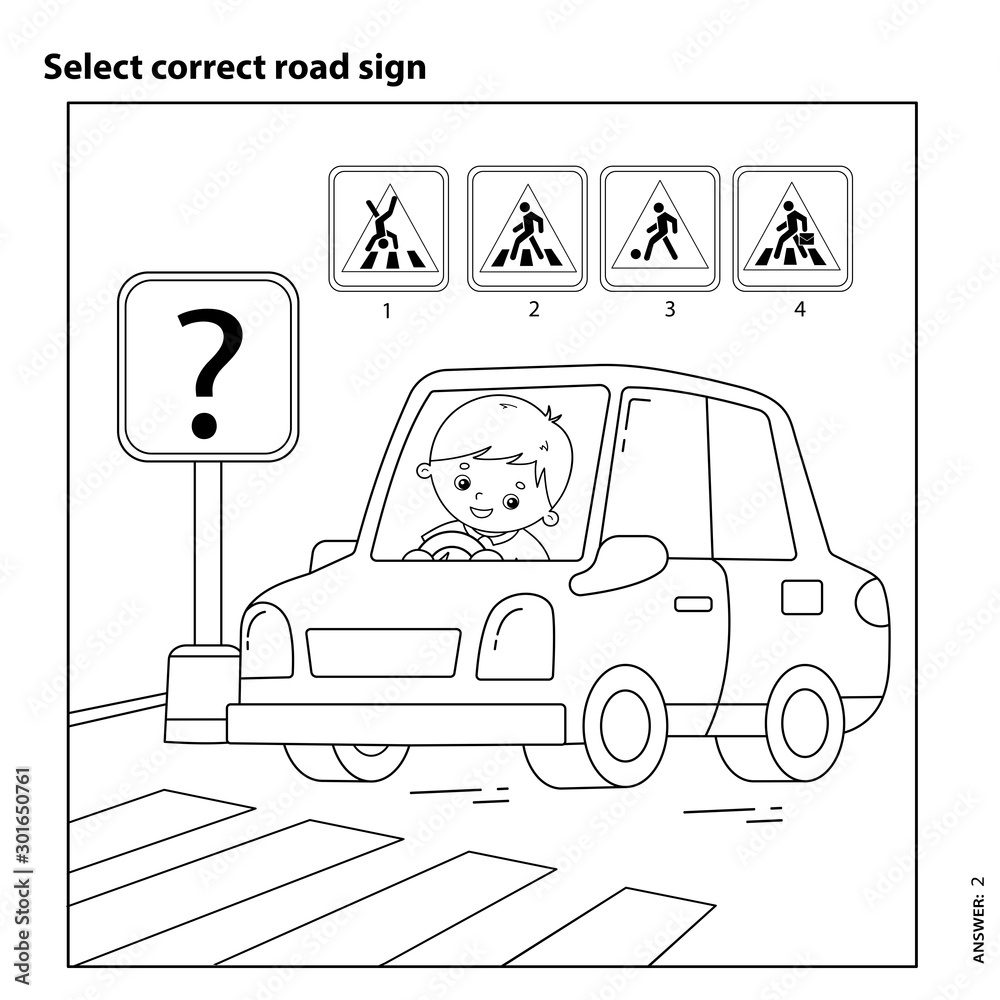 Educational puzzle game for kids select correct road sign coloring page outline of cartoon driver with car coloring book for children vector