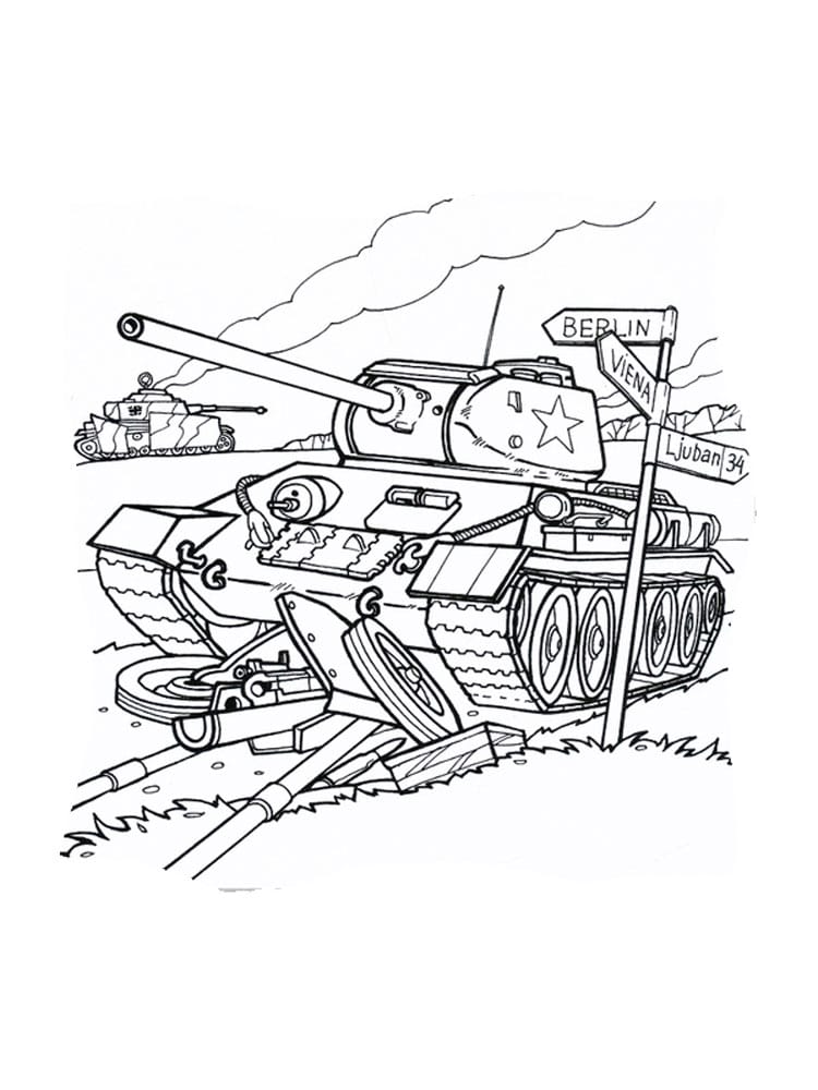 Drawing of a tank and road signs coloring page