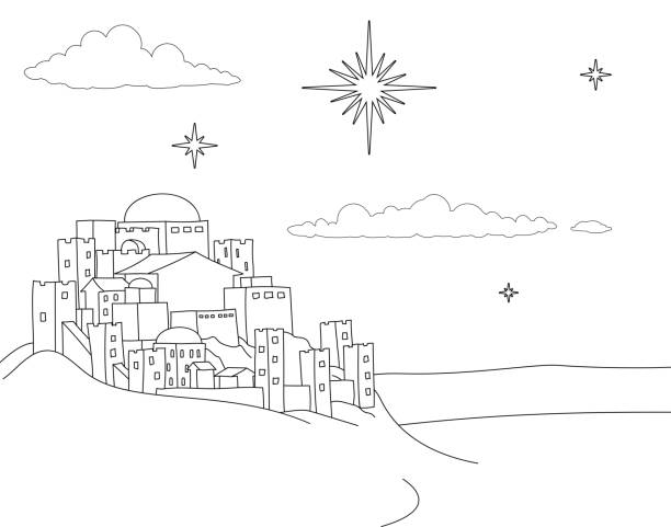 Nativity christmas city cartoon scene coloring stock illustration