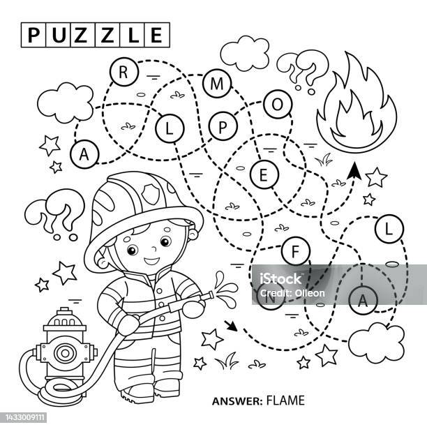 Puzzle game for children coloring page outline of cartoon fireman or firefighter with fire truck fire fighting coloring book for kids stock illustration
