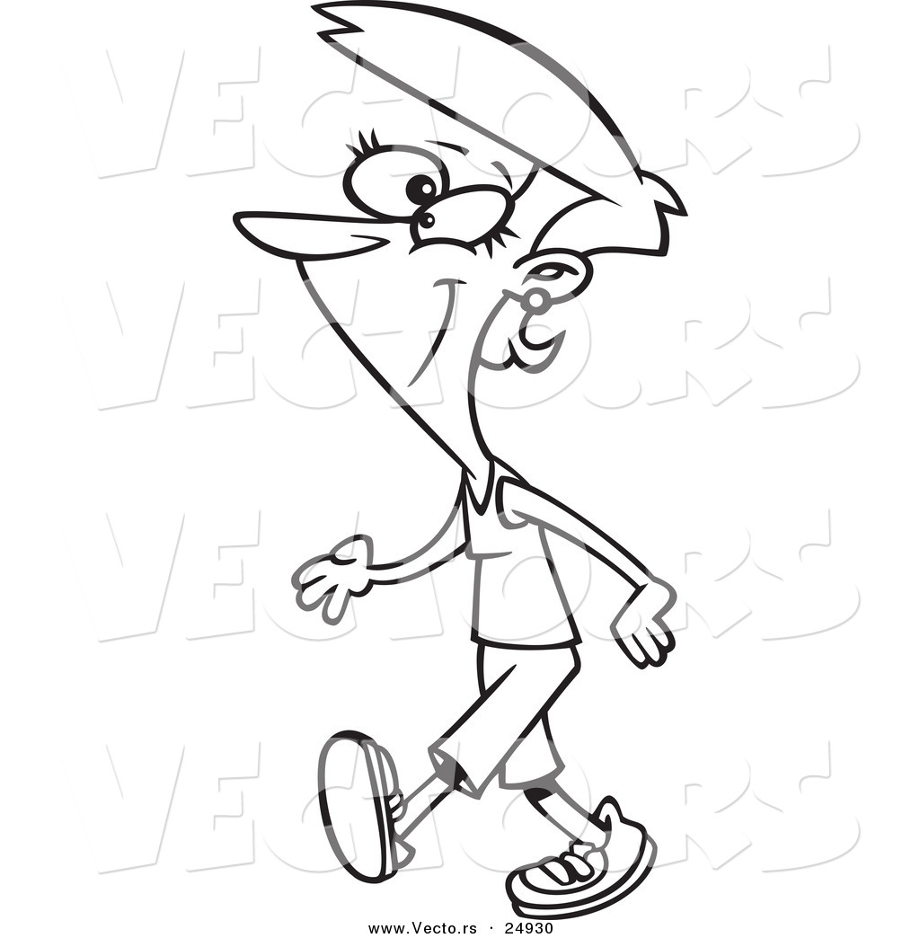 R of a cartoon pleasant woman walking
