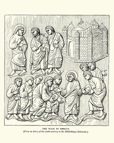 Christ and his disciples on the road to emmaus stock illustration