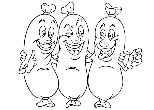 Premium vector cute meat sausages cartoon funny food emoji face kids coloring page
