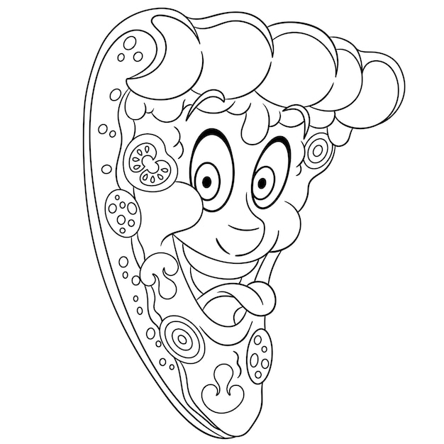 Premium vector cute cheesy pizza slice cartoon funny food emoji face kids coloring page
