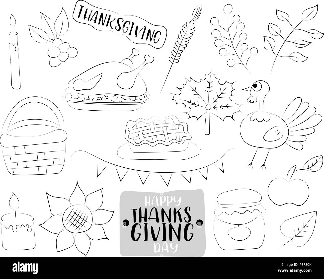Happy thanksgiving day cartoon icons and objects set black and white outline coloring page hand drawn kids game vector illustration stock vector image art