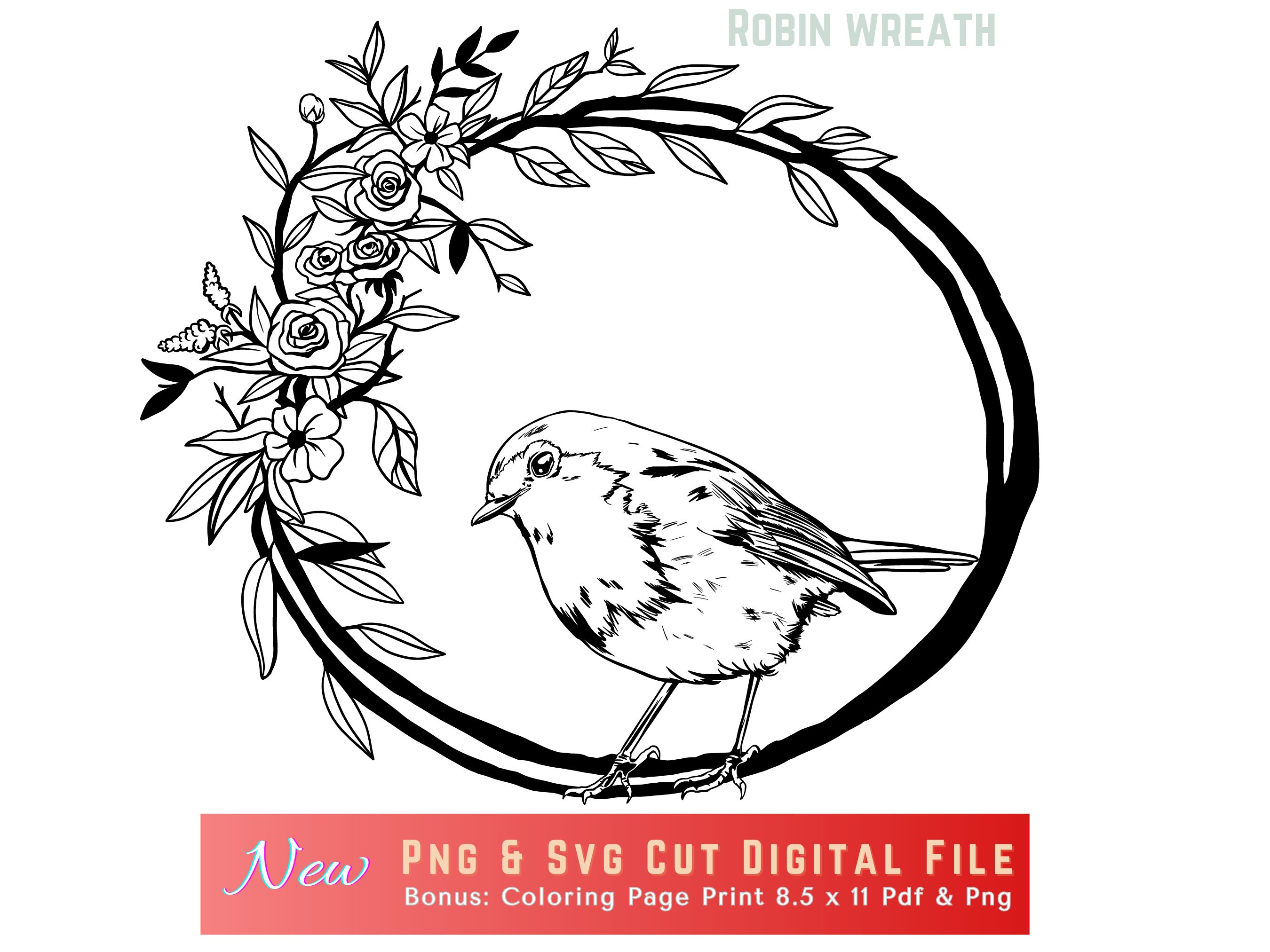 Robin bird sitting on wreathe with florals spring lineart design print for coloring page card making wedding invites png svg download