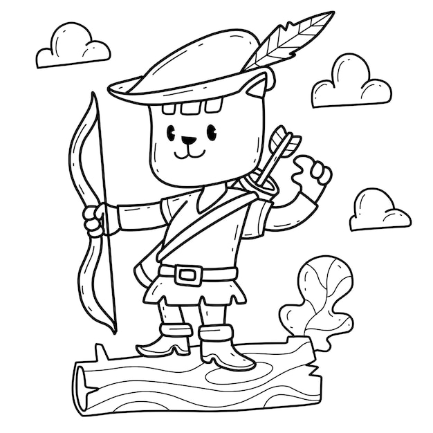 Premium vector cartoon cat robin hood coloring book isolated on white background