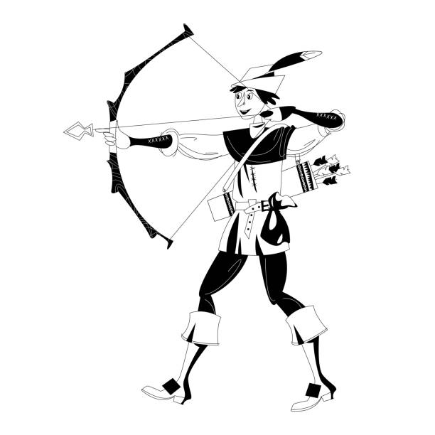 Young man in medieval costume shooting a bow and arrow robin hood black and white stock illustration