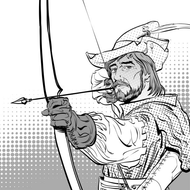 Robin hood aiming on target robin hood standing with bow and arrows defender of weak medieval legends heroes of medieval legends halftone background stock illustration