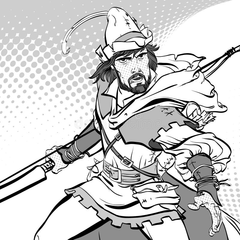 Robin hood standing with bow and arrows robin hood in ambush defender of weak medieval legends heroes of medieval stock vector