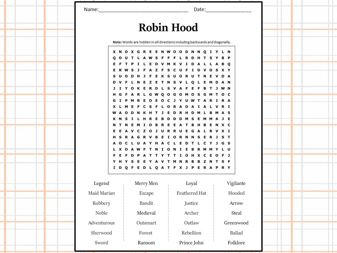 Robin hood word search puzzle worksheet activity teaching resources