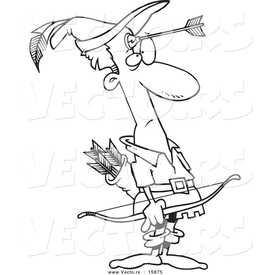 R of a cartoon cartoon black and white outline design of robin hood with an arrow on his forehead