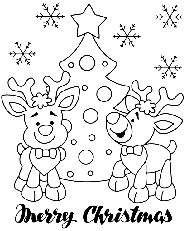 Christmas coloring page with raindeers and christmas tree