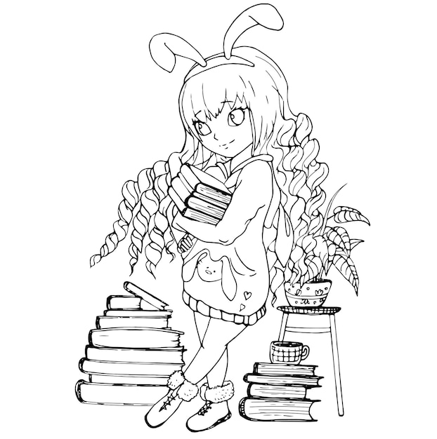 Premium vector vector coloring page with anime girl