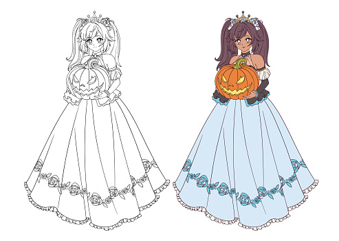 Cute anime princess holding pumpkin hand drawn vector illustration for coloring book stock illustration