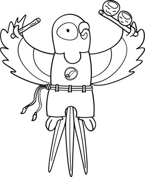 Coloring book pages for capoeira kids parrot jungle bird holding an agogo capoeira illustration for children vector