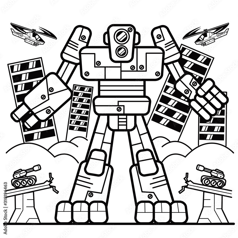 Illustration vector graphic coloring book of giant robot strike a city vector