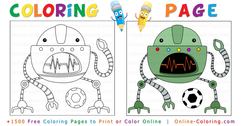 Funny robot playing soccer free online coloring page