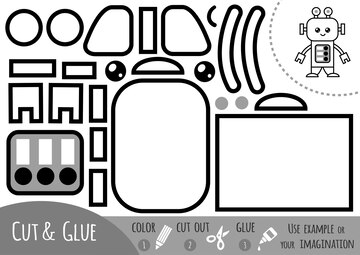 Premium vector education paper game for children robot use scissors and glue to create the image