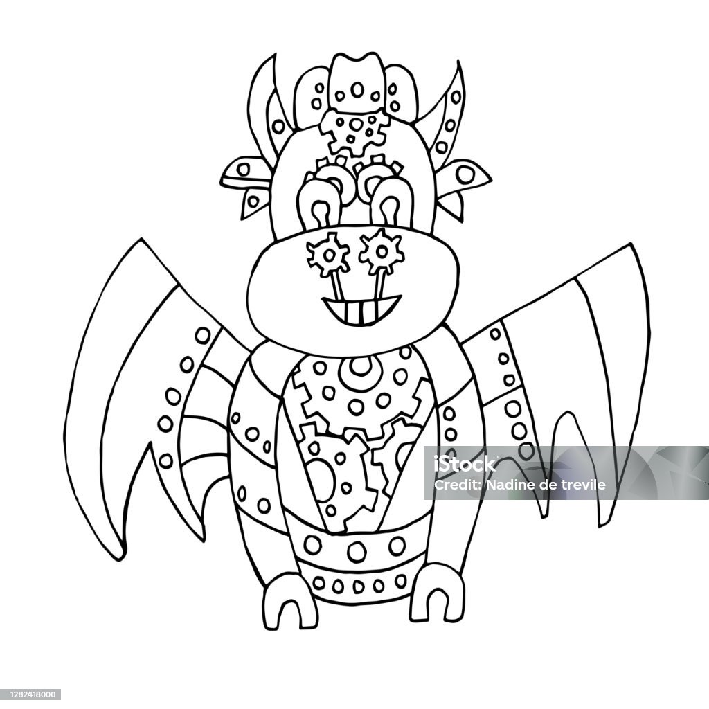 Draco chinese zodiac symbol steampunk dragon cute mechanical animal coloring book for children vector illustration eastern horoscopemetal robot isolated on white background linear drawing stock illustration