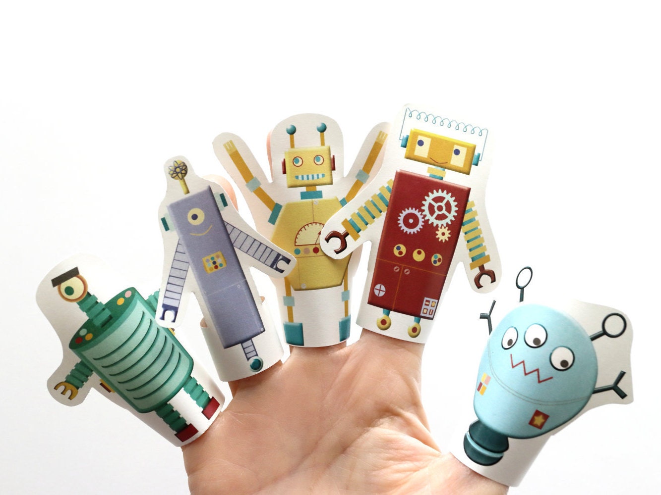 Printable coloring robot finger puppets instant download kids finger puppet robots paper robot kids birthday party favor colouring