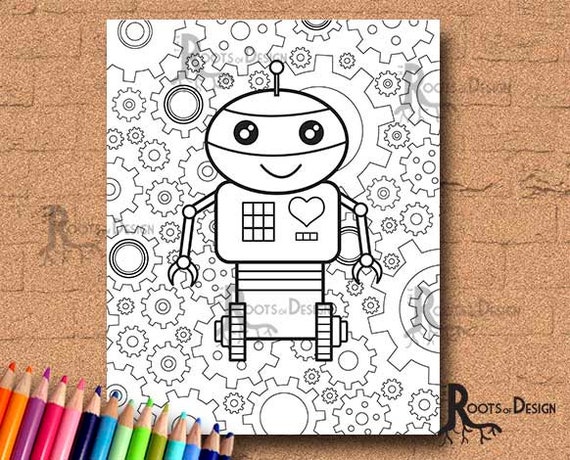 Instant download coloring page robot with gears doodle art gamer printable