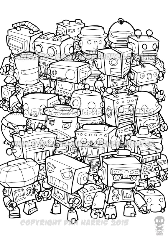 Retro robot colouring page adult colouring book page one page instant pdf