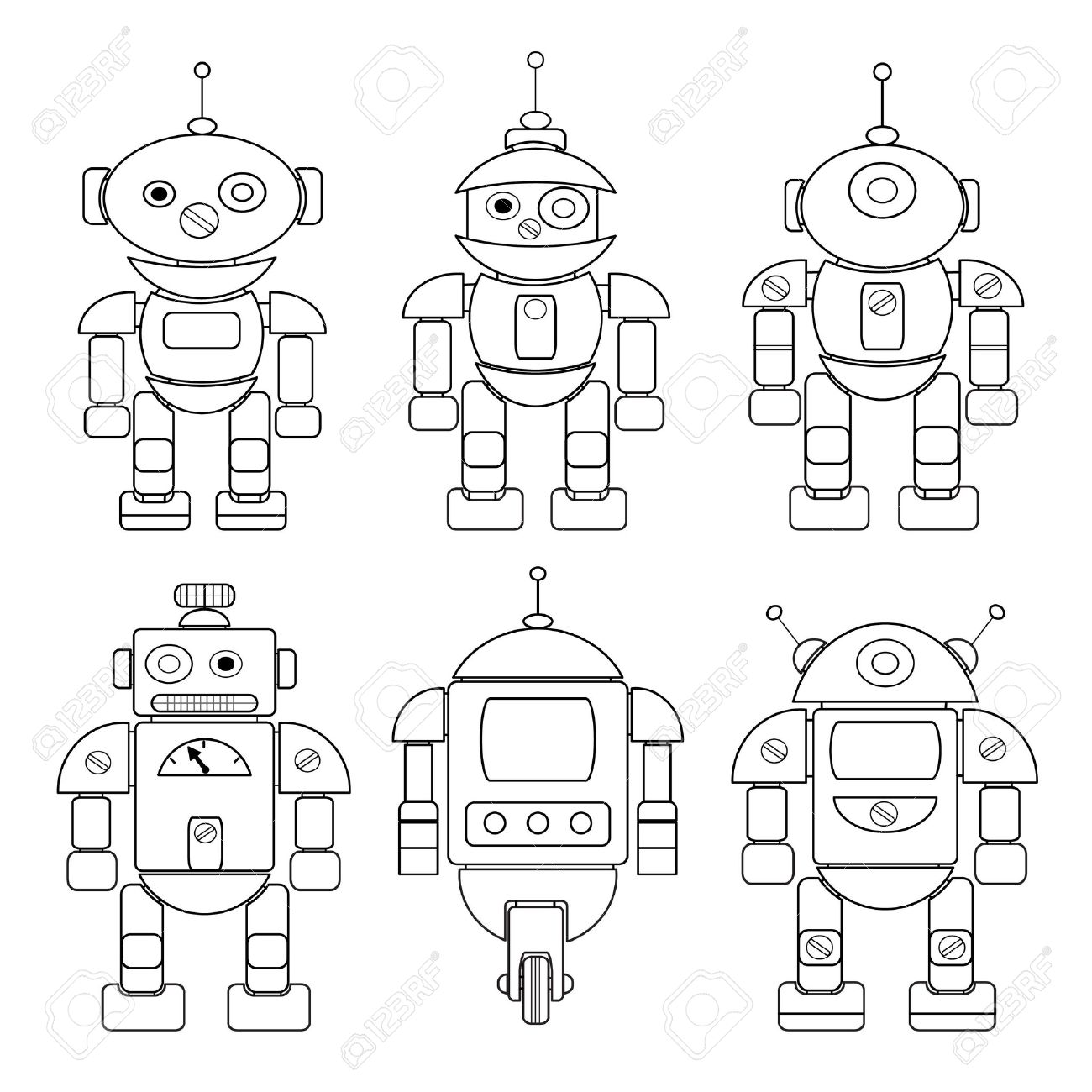 Set of different cartoon robots coloring book royalty free svg cliparts vectors and stock illustration image