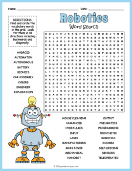 Robotics word search puzzle worksheet activity by puzzles to print
