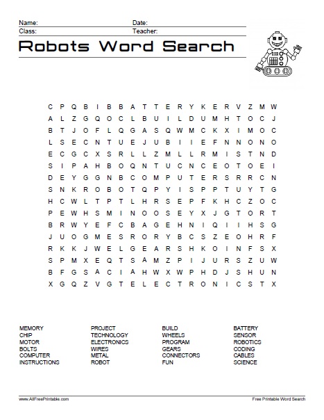 Robots word search â free printable