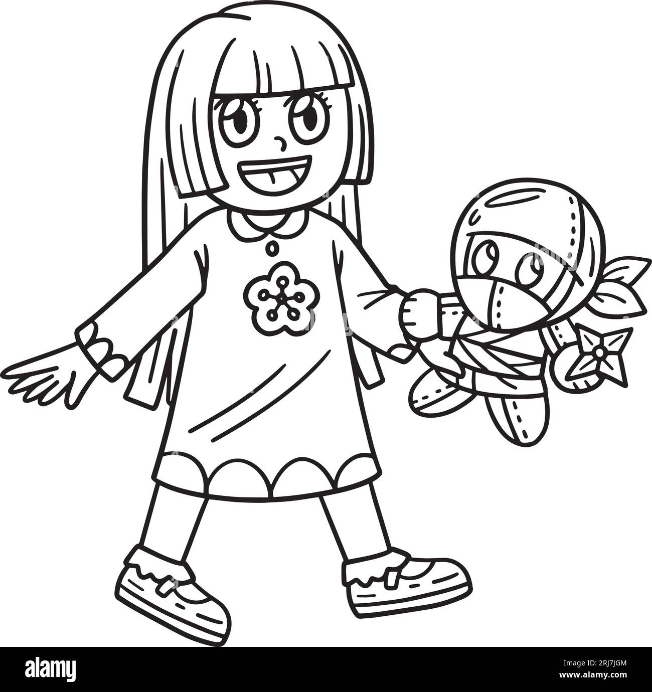 Child with ninja plushie isolated coloring page stock vector image art