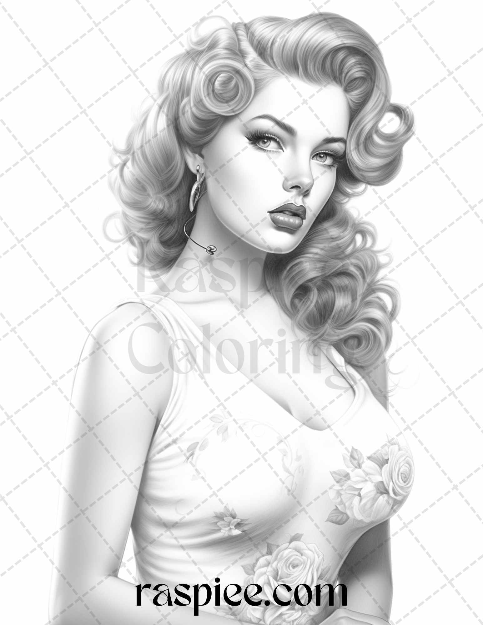 Vintage pin up girls grayscale coloring pages printable for adults â coloring
