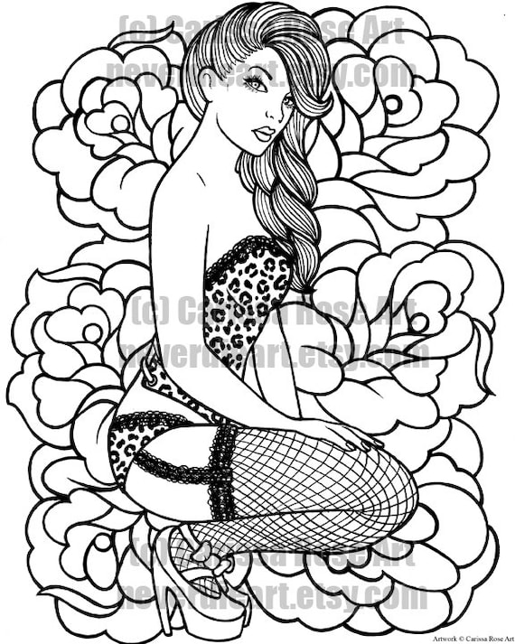 Digital download print your own coloring book outline page pin up girl by carissa rose