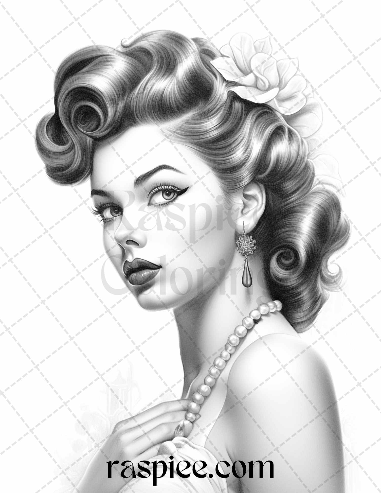 Vintage pin up girls grayscale coloring pages printable for adults â coloring