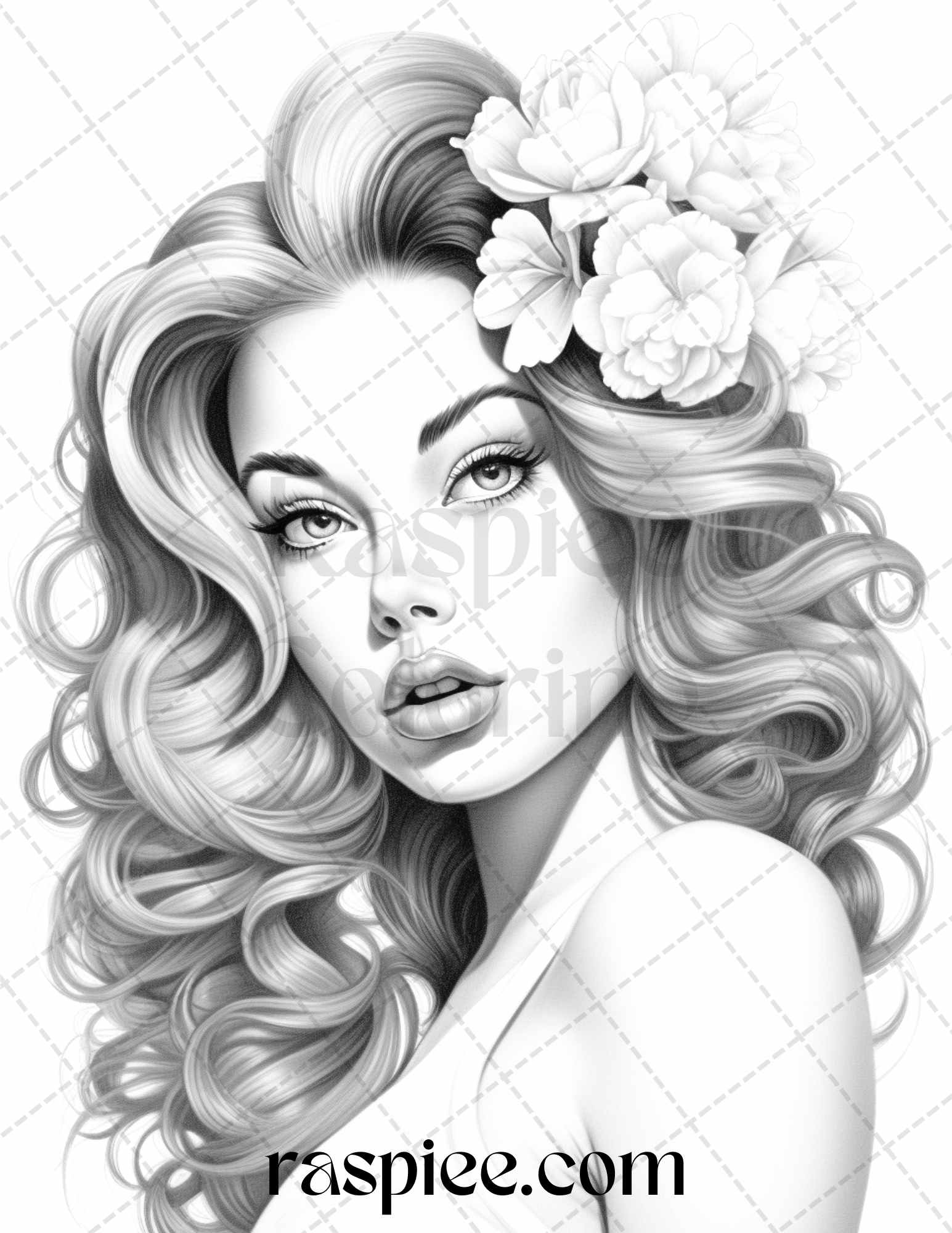 Vintage pin up girls grayscale coloring pages printable for adults â coloring