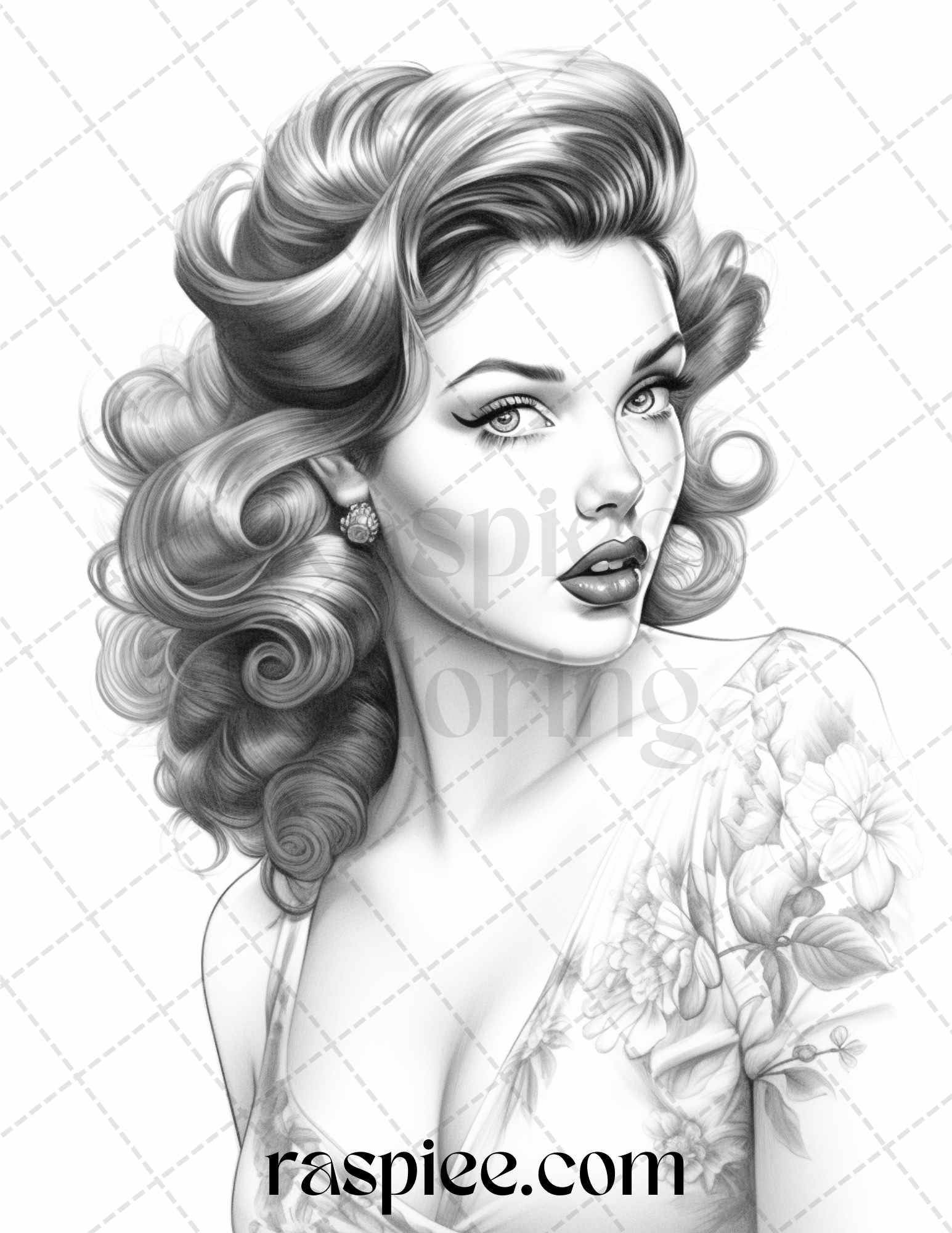 Vintage pin up girls grayscale coloring pages printable for adults â coloring