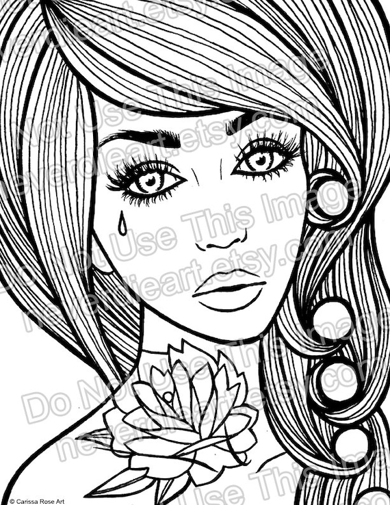 Digital download print your own coloring book outline page pretty tattooed pin up girl